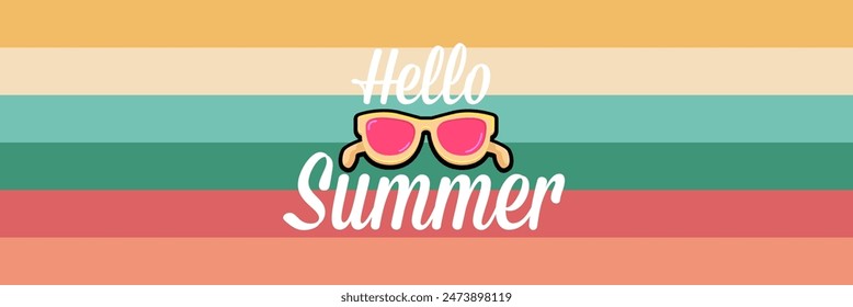 Super Hello summer vector banner with text and retro yellow sunglasses isolated on stripped background. Hello summer poster design template with cartoon sunglasses, retro rainbow, summer vibe