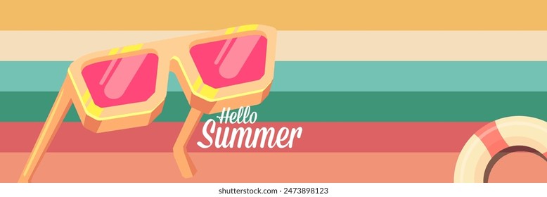 Anuncio de Vector de verano Super Hello con texto y gafas de sol de color amarillo retro aisladas sobre fondo rayado. Hola Plantilla de diseño de póster de verano con gafas de sol de dibujos animados, arco iris retro, ambiente de verano