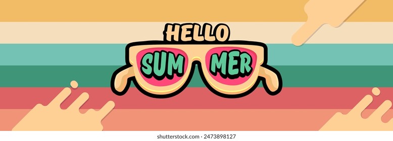 Super Hello summer vector banner with text and retro yellow sunglasses isolated on stripped background. Hello summer poster design template with cartoon sunglasses, retro rainbow, summer vibe