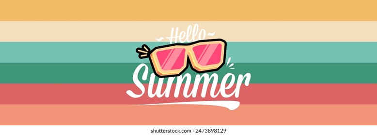 Super Hello summer vector banner with text and retro yellow sunglasses isolated on stripped background. Hello summer poster design template with cartoon sunglasses, retro rainbow, summer vibe