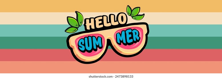 Super Hello summer vector banner with text and retro yellow sunglasses isolated on stripped background. Hello summer poster design template with cartoon sunglasses, retro rainbow, summer vibe