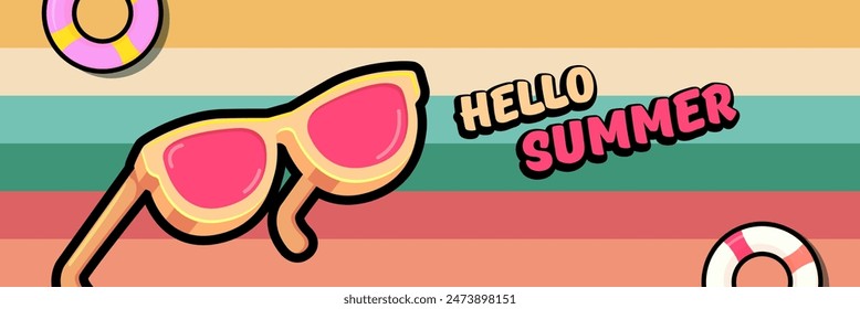 Super Hello summer vector banner with text and retro yellow sunglasses isolated on stripped background. Hello summer poster design template with cartoon sunglasses, retro rainbow, summer vibe