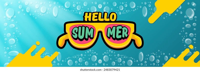 Super Hello summer vector banner with text and retro yellow sunglasses isolated on blue water background. Hello summer poster design template with cartoon sunglasses, beach, water pool , summer vibe