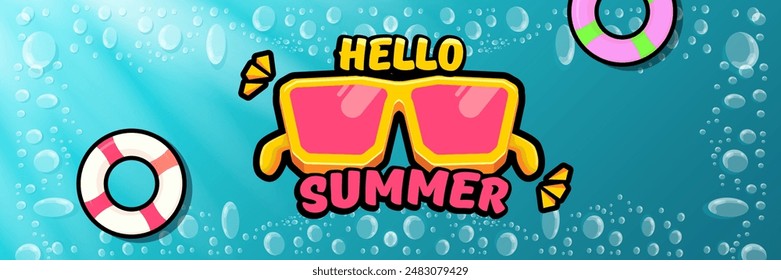 Super Hello summer vector banner with text and retro yellow sunglasses isolated on blue water background. Hello summer poster design template with cartoon sunglasses, beach, water pool , summer vibe
