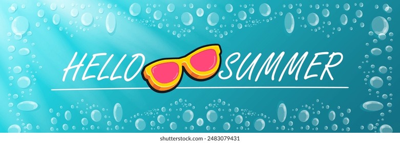 Super Hello summer vector banner with text and retro yellow sunglasses isolated on blue water background. Hello summer poster design template with cartoon sunglasses, beach, water pool , summer vibe