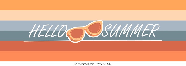 Super Hello Sommer Vektorgrafik Banner mit Text und retro gelbe Sonnenbrille isoliert auf gestreiftem Hintergrund. Hallo Sommer Poster Design Vorlage mit Cartoon Sonnenbrille, Retro Regenbogen, Sommer Vibe