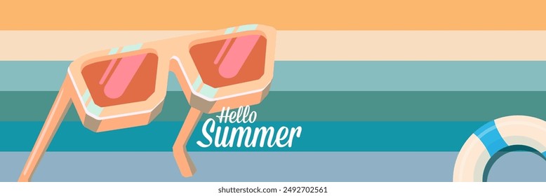 Super Hello summer vector banner with text and retro yellow sunglasses isolated on stripped background. Hello summer poster design template with cartoon sunglasses, retro rainbow, summer vibe
