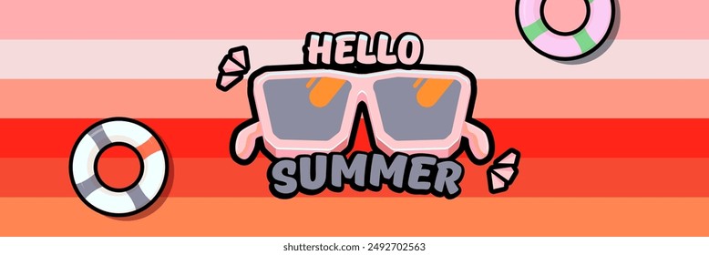 Super Hello summer vector banner with text and retro yellow sunglasses isolated on stripped background. Hello summer poster design template with cartoon sunglasses, retro rainbow, summer vibe