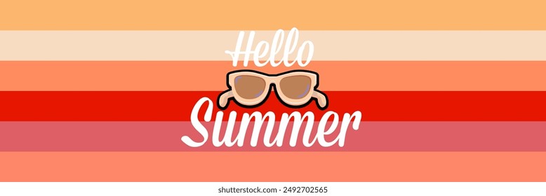 Super Hello summer vector banner with text and retro yellow sunglasses isolated on stripped background. Hello summer poster design template with cartoon sunglasses, retro rainbow, summer vibe