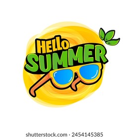 Super Hello summer vector logo  with text and vintage retro yellow sunglasses isolated on background. Hello summer label, icon, print, banner design template with funny cartoon sunglasses, summer vibe