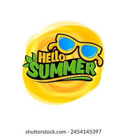 Super Hello summer vector logo  with text and vintage retro yellow sunglasses isolated on background. Hello summer label, icon, print, banner design template with funny cartoon sunglasses, summer vibe