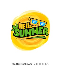 Super Hello summer vector logo  with text and vintage retro yellow sunglasses isolated on background. Hello summer label, icon, print, banner design template with funny cartoon sunglasses, summer vibe