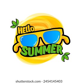 Super Hello summer vector logo  with text and vintage retro yellow sunglasses isolated on background. Hello summer label, icon, print, banner design template with funny cartoon sunglasses, summer vibe