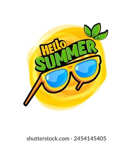 Super Hello summer vector logo  with text and vintage retro yellow sunglasses isolated on background. Hello summer label, icon, print, banner design template with funny cartoon sunglasses, summer vibe