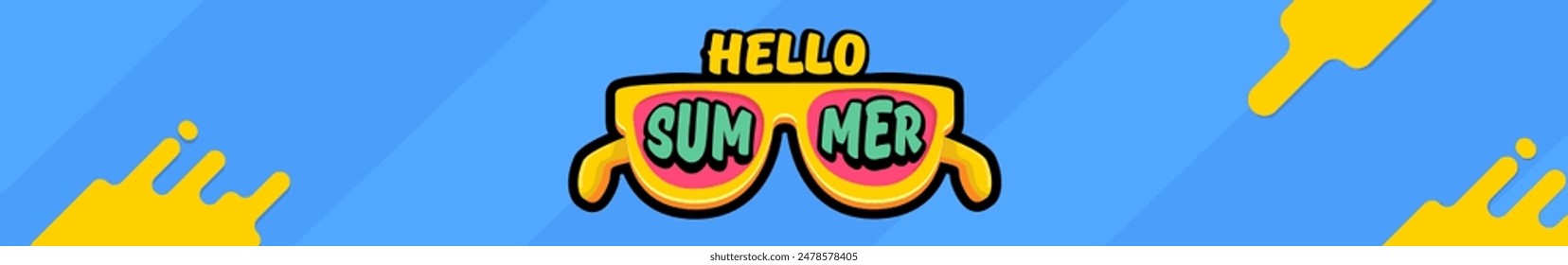 Super Hello summer wide banner with text and retro yellow sunglasses isolated on blue water wide background. Hello summer wide design template with cartoon sunglasses, beach, water pool , summer vibe