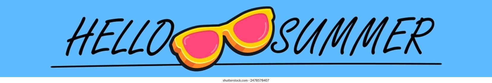 Super Hello summer wide banner with text and retro yellow sunglasses isolated on blue water wide background. Hello summer wide design template with cartoon sunglasses, beach, water pool , summer vibe