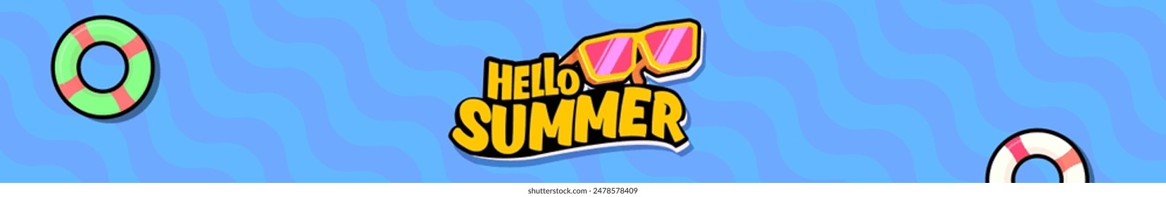 Super Hello summer wide banner with text and retro yellow sunglasses isolated on blue water wide background. Hello summer wide design template with cartoon sunglasses, beach, water pool , summer vibe