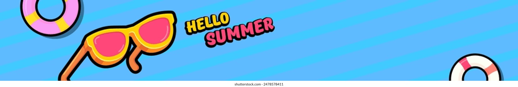 Super Hello summer wide banner with text and retro yellow sunglasses isolated on blue water wide background. Hello summer wide design template with cartoon sunglasses, beach, water pool , summer vibe