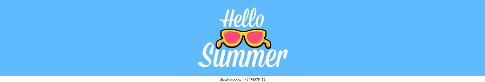 Super Hello summer wide banner with text and retro yellow sunglasses isolated on blue water wide background. Hello summer wide design template with cartoon sunglasses, beach, water pool , summer vibe