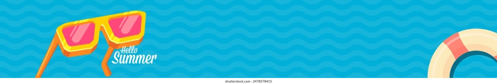 Super Hello summer wide banner with text and retro yellow sunglasses isolated on blue water wide background. Hello summer wide design template with cartoon sunglasses, beach, water pool , summer vibe