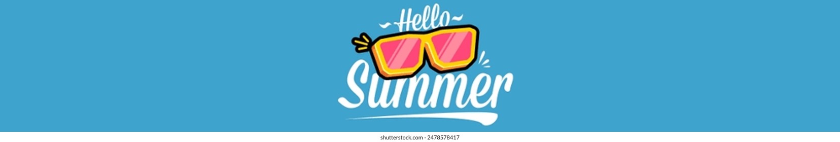 Super Hello summer wide banner with text and retro yellow sunglasses isolated on blue water wide background. Hello summer wide design template with cartoon sunglasses, beach, water pool , summer vibe