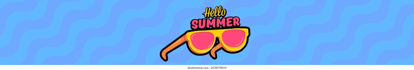 Super Hello sommerbreiter Banner mit Text und retro gelben Sonnenbrille isoliert auf blauem Wasser breiten Hintergrund. Hallo sommerweite Design-Vorlage mit Cartoon-Sonnenbrille, Strand, Wasserbecken, Sommerstimmung