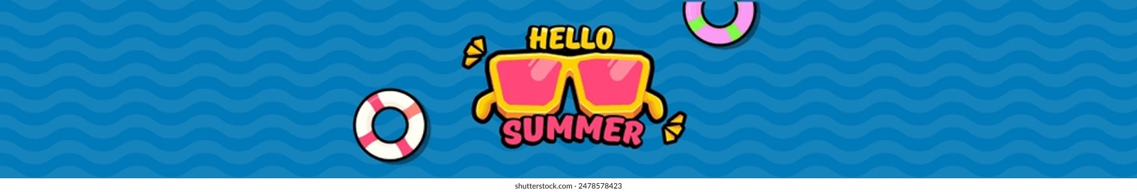 Super Hello summer wide banner with text and retro yellow sunglasses isolated on blue water wide background. Hello summer wide design template with cartoon sunglasses, beach, water pool , summer vibe