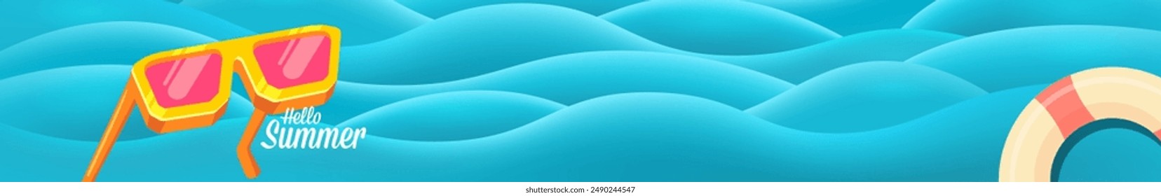 Super Hello summer wide banner with text and retro yellow sunglasses on blue water wave wide background. Hello summer wide design template with cartoon sunglasses, beach, water pool, summer vibe
