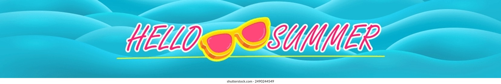 Super Hello summer wide banner with text and retro yellow sunglasses on blue water wave wide background. Hello summer wide design template with cartoon sunglasses, beach, water pool, summer vibe