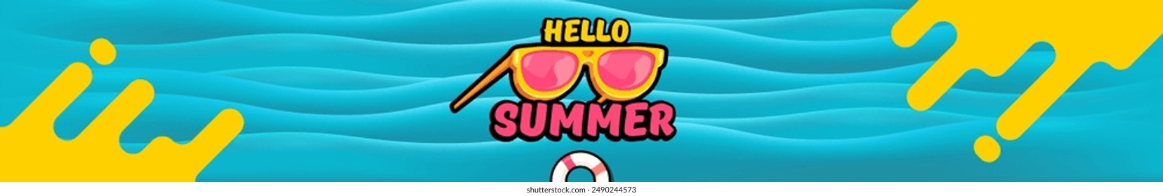 Super Hello summer wide banner with text and retro yellow sunglasses on blue water wave wide background. Hello summer wide design template with cartoon sunglasses, beach, water pool, summer vibe