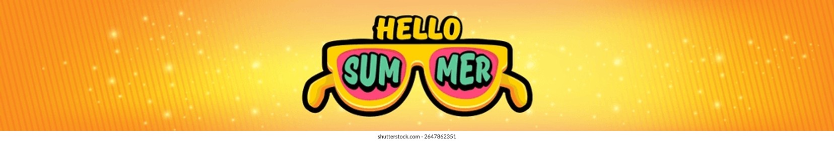Super Hello summer wide banner with text and retro yellow sunglasses on orange wide background. Hello summer wide design template with cartoon sunglasses, beach, sun lights, summer vibe