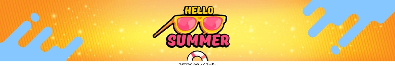 Super Hello summer wide banner with text and retro yellow sunglasses on orange wide background. Hello summer wide design template with cartoon sunglasses, beach, sun lights, summer vibe