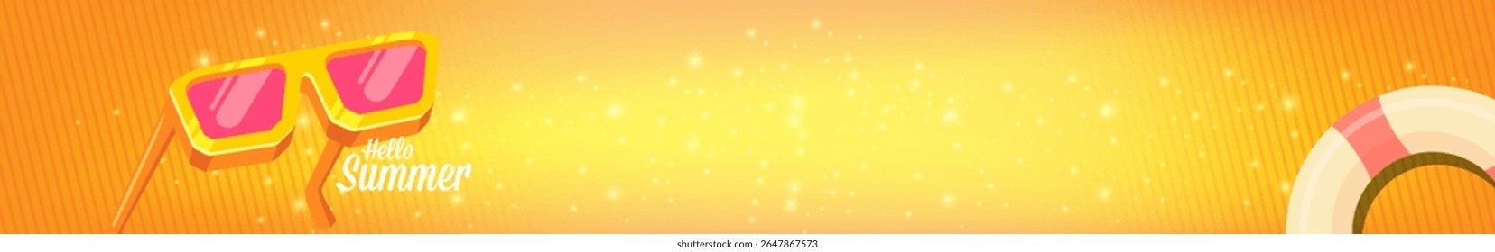 Super Hello summer wide banner with text and retro yellow sunglasses on orange wide background. Hello summer wide design template with cartoon sunglasses, beach, sun lights, summer vibe