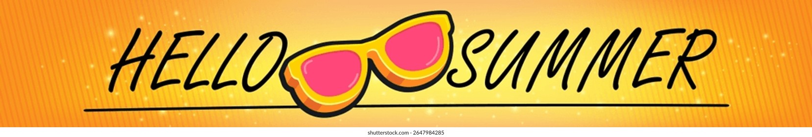 Super Hello summer wide banner with text and retro yellow sunglasses on orange wide background. Hello summer wide design template with cartoon sunglasses, beach, sun lights, summer vibe