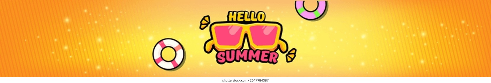 Super Hello summer wide banner with text and retro yellow sunglasses on orange wide background. Hello summer wide design template with cartoon sunglasses, beach, sun lights, summer vibe