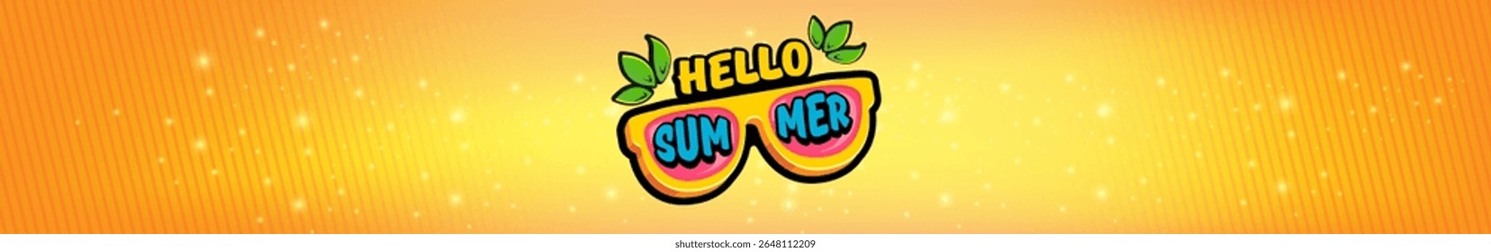 Super Hello summer wide banner with text and retro yellow sunglasses on orange wide background. Hello summer wide design template with cartoon sunglasses, beach, sun lights, summer vibe