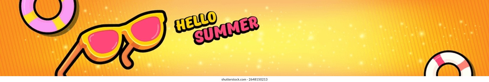 Super Hello summer wide banner with text and retro yellow sunglasses on orange wide background. Hello summer wide design template with cartoon sunglasses, beach, sun lights, summer vibe