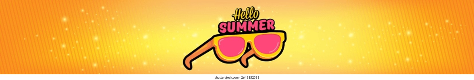 Super Hello summer wide banner with text and retro yellow sunglasses on orange wide background. Hello summer wide design template with cartoon sunglasses, beach, sun lights, summer vibe