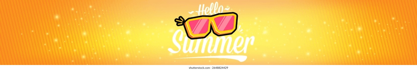 Super Hello summer wide banner with text and retro yellow sunglasses on orange wide background. Hello summer wide design template with cartoon sunglasses, beach, sun lights, summer vibe