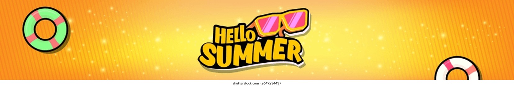 Super Hello summer wide banner with text and retro yellow sunglasses on orange wide background. Hello summer wide design template with cartoon sunglasses, beach, sun lights, summer vibe