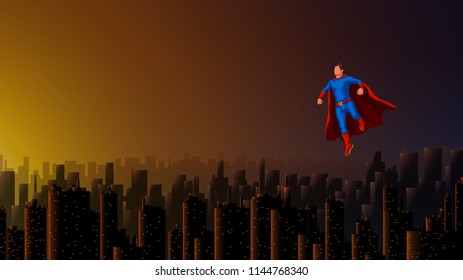 super hero above city