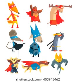 Super Hero Animals Flat Geometrical Design Vector Icon Collection On White Background