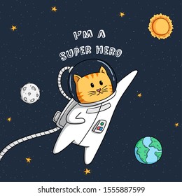 Super Hero Astronaut Cat With Cute Face In Space Background