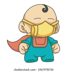 A super hero baby wearing a mouth mask