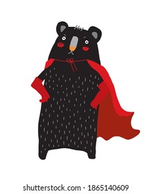 Super Hero Bear Vector Illustration. Cute Nursery Art ideal for Mother's or Father's Day Card, Wall Art, Poster. Black Hand Drawn Bear Wearing Red Long Cape. Woodland Print.