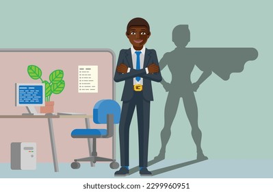 Super hero black business man with superhero silhouette shadow concept