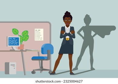 Super hero black business woman with superhero silhouette shadow concept