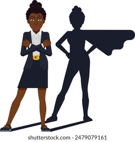 Super hero black business woman with superhero silhouette shadow concept