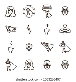 Super Hero Black Thin Line Icon Set Include Of Power, Costume, Mask And Heroic Person. Vector Illustration Of Superhero