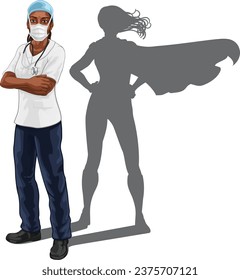 A super hero black woman doctor or nurse medical healthcare health professional in scrubs. Revealed to be a superhero by her shadow.